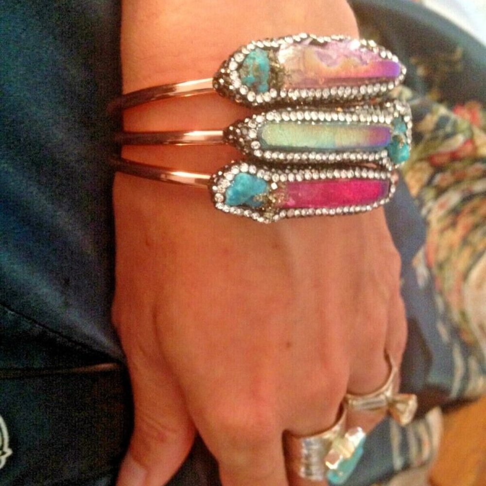 Raw Rainbow Aura Crystal Quartz Point + Turquoise Bangle - Picture 3 of 3